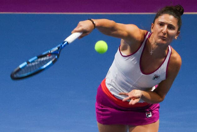 ST PETERSBIRG, RUSSIA â€“ FEBRUARY 12, 2022: Tennis player Irina-Camelia Begu of Romania in action in her 2022 WTA, Tennis Damen St Petersburg Ladies Trophy semi-final singles match against Maria Sakkari of Greece, at the Sibur Arena. Alexander Demianchuk TASS  TS122B04