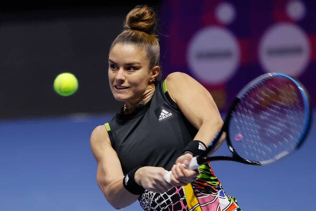 St. Petersburg Ladies Trophy 2022 - Semi-Finals Maria Sakkari of Greece returns the ball to Irina-Camelia Begu of Romania during the women s singles semifinal match of the WTA, Tennis Damen 500 St. Petersburg Ladies Trophy 2022 International Tennis Tournament on February 12, 2022 at the Sibur Arena in Saint Petersburg, Russia. Saint Petersburg Russia  Copyright: xMikexKireevx originalFilename:kireev-stpeters220212_np7tc.jpg