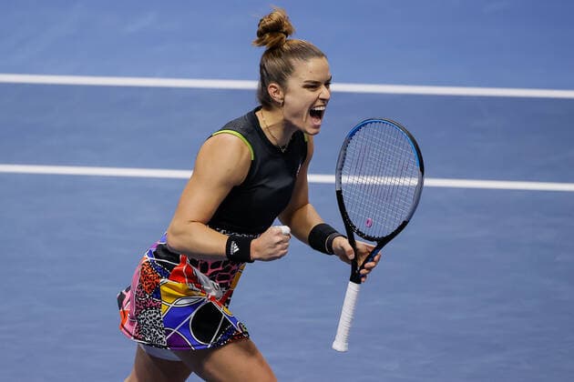 St. Petersburg Ladies Trophy 2022 - Semi-Finals Maria Sakkari of Greece celebrates during the women s singles semifinal match of the WTA, Tennis Damen 500 St. Petersburg Ladies Trophy 2022 International Tennis Tournament against Irina-Camelia Begu of Romania on February 12, 2022 at the Sibur Arena in Saint Petersburg, Russia. Saint Petersburg Russia  Copyright: xMikexKireevx originalFilename:kireev-stpeters220212_npZvH.jpg