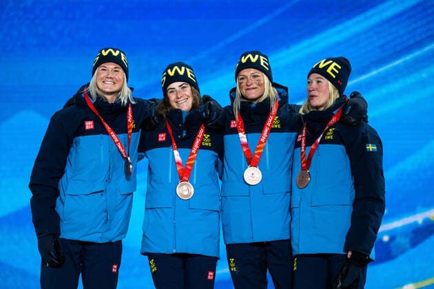 220212 Jonna Sundling, Maja Dahlqvist, Ebba Andersson and Frida Karlsson of Sweden with bronze medals at the medal ceremony for women cross s cross country skiing 4x5 km relay during day 8 of the 2022 Winter Olympics on February 12, 2022 in Zhangjiakou Photo Vegard Grott BILDBYRAN code VG VG0239 olympic games olympics winter olympics os ol olympiska spel vinter os olympiske leker peking peking 2022 beijing 2022 beijing 2022 olympic games beijing 2022 winter olympic games peking os beijing ol vinter ol bbeng medaljeseremoni medaljceremoni medal ceremony Sverige Sweden,  Copyright: VEGARDxGRoTT BB220212VG074