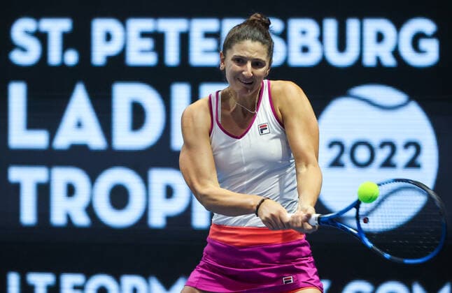 ST PETERSBIRG, RUSSIA â€“ FEBRUARY 12, 2022: Tennis player Irina-Camelia Begu of Romania in action in her 2022 WTA, Tennis Damen St Petersburg Ladies Trophy semi-final singles match against Maria Sakkari of Greece, at the Sibur Arena. Alexander Demianchuk TASS  TS122B22