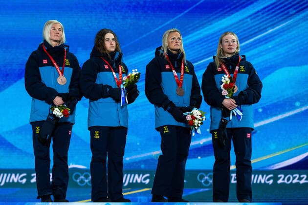 220212 Jonna Sundling, Maja Dahlqvist, Ebba Andersson and Frida Karlsson of Sweden with bronze medals at the medal ceremony for women cross s cross country skiing 4x5 km relay during day 8 of the 2022 Winter Olympics on February 12, 2022 in Zhangjiakou Photo Vegard Grott BILDBYRAN code VG VG0239 olympic games olympics winter olympics os ol olympiska spel vinter os olympiske leker peking peking 2022 beijing 2022 beijing 2022 olympic games beijing 2022 winter olympic games peking os beijing ol vinter ol bbeng medaljeseremoni medaljceremoni medal ceremony Sverige Sweden,  Copyright: VEGARDxGRoTT BB220212VG079