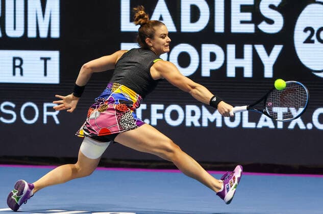 ST PETERSBIRG, RUSSIA â€“ FEBRUARY 12, 2022: Tennis player Maria Sakkari of Greece in action in her 2022 WTA, Tennis Damen St Petersburg Ladies Trophy semi-final singles match against Irina-Camelia Begu of Romania, at the Sibur Arena. Alexander Demianchuk TASS  TS122B23