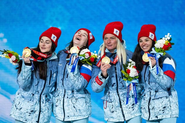 220212 Veronika Stepanova, Yulia Stupak, Natalia Nepryaeva and Tatiana Sorina of ROC Russia with gold medals at the medals ceremony for women cross s cross country skiing 4x5 km relay during day 8 of the 2022 Winter Olympics on February 12, 2022 in Zhangjiakou Photo Vegard Grott BILDBYRAN code VG VG0239 olympic games olympics winter olympics os ol olympiska spel vinter os olympiske leker peking peking 2022 beijing 2022 beijing 2022 olympic games beijing 2022 winter olympic games peking os beijing ol vinter ol bbeng medaljeseremoni medaljceremoni medal ceremony Sverige Sverige,  Copyright: VEGARDxGRoTT BB220212VG082