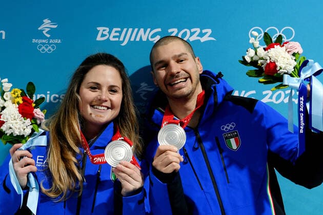 Photo Gian Mattia D Alberto - LaPresse February 12, 2022 Zhangjiakou, China Beijing 2022 Winter Olympic Games, Olympische Spiele, Olympia, OS - Snowboard cross mixed team medal ceremony In the pic: Michela Moioli, Omar Visintin, silver medal  Copyright: xGianxMattiaxD Alberto LaPressex