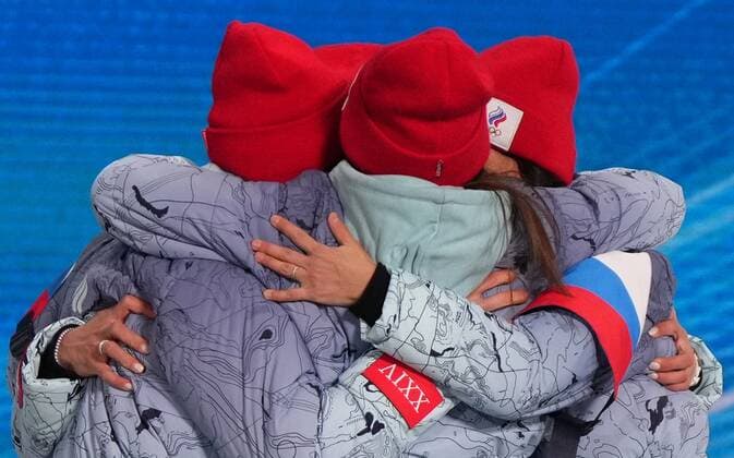 China Olympics 2022 Medal Ceremony 8112478 12.02.2022 Gold medalists Russian Olympic Committee s Yulia Stupak, Natalia Nepryaeva, Tatiana Sorina and Veronika Stepanova celebrate during the medal ceremony for the women s cross-country 4x5 km relay event during the Beijing 2022 Winter Olympic Games, Olympische Spiele, Olympia, OS at the Medals Plaza in Zhangjiakou, China. Ramil Sitdikov Sputnik Beijing China  Copyright: xRamilxSitdikovx