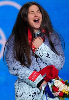 China Olympics 2022 Medal Ceremony 8112484 12.02.2022 Gold medalist Russian Olympic Committee s Yulia Stupak reacts during a medal ceremony for the women s cross-country 4x5 km relay event during the Beijing 2022 Winter Olympic Games, Olympische Spiele, Olympia, OS at the National Cross-Country Skiing Centre in Zhangjiakou, China. Ramil Sitdikov Sputnik Beijing China  Copyright: xRamilxSitdikovx