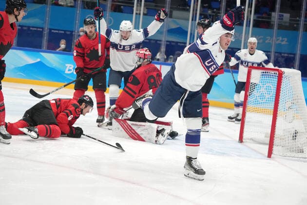 BEIJING, CHINA - FEBRUARY 12:Brendan Brisson 19 of Team United States reacts after scoring a goal during the second period of the Men s Ice hockey, Eishockey Preliminary Round Group A match between Team Canada and Team United States on Day 8 of the Beijing 2022 Winter Olympic Games, Olympische Spiele, Olympia, OS at National Indoor Stadium on February 12, 2022 in Beijing, China.  Copyright: xVCGx CFP111368901467 