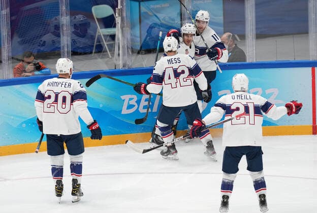 BEIJING, CHINA - FEBRUARY 12: Players of Team United States celebrate a goal during the second period of the Men s Ice hockey, Eishockey Preliminary Round Group A match between Team Canada and Team United States on Day 8 of the Beijing 2022 Winter Olympic Games, Olympische Spiele, Olympia, OS at National Indoor Stadium on February 12, 2022 in Beijing, China.  Copyright: xVCGx CFP111368887649 