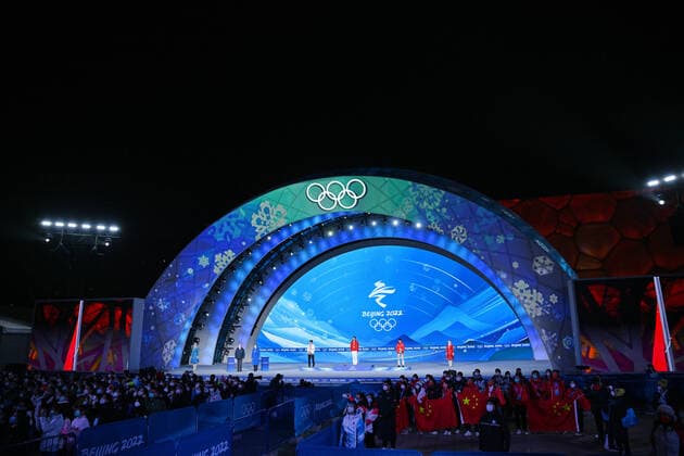 (L-R) CHA Min Kyu (KOR), GAO Tingyu (CHN), Wataru Morishige (JPN), FEBRUARY 12, 2022 - Speed skating, Eisschnelllauf : Men s 500m Medal Ceremony during the Beijing 2022 Olympic Winter games, Winterspiele,Spiele, Summer games at Beijing Medal Plaza in Beijing, China.  (180503501)