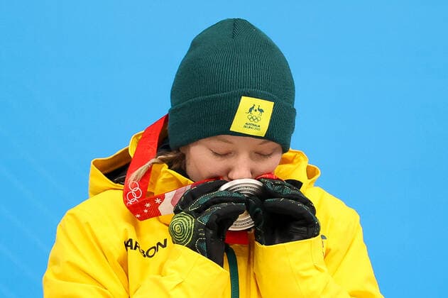 BEIJING, CHINA - FEBRUARY 12, 2022: Silver medalist, Jaclyn Narracott of Australia attends an award ceremony for the women s skeleton event at the 2022 Winter Olympic Games, Olympische Spiele, Olympia, OS at the Yanqing National Sliding Centre. Anton Novoderezhkin TASS  TS122C35