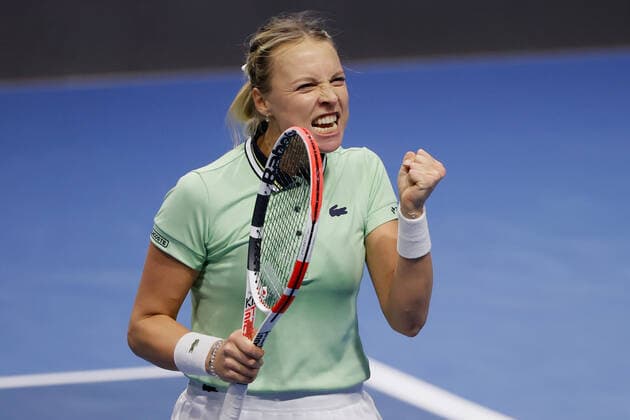 St. Petersburg Ladies Trophy 2022 - Semi-Finals Anett Kontaveit of Estonia celebrates victory over Jelena Ostapenko of Latvia during the women s singles semifinal match of the WTA, Tennis Damen 500 St. Petersburg Ladies Trophy 2022 International Tennis Tournament on February 12, 2022 at the Sibur Arena in Saint Petersburg, Russia. Saint Petersburg Russia  Copyright: xMikexKireevx originalFilename:kireev-stpeters220212_npz3Y.jpg