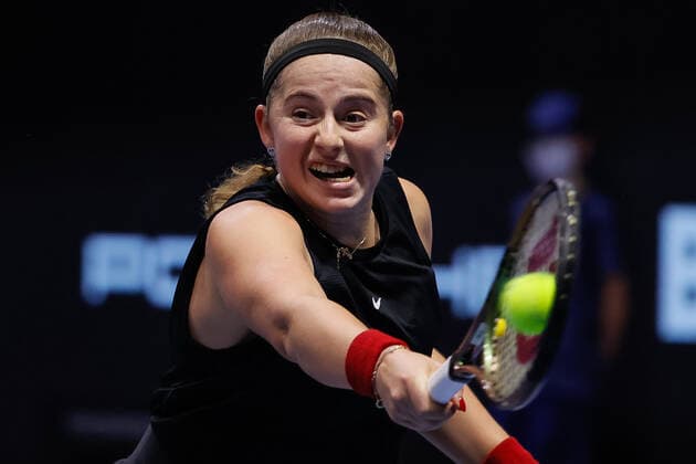 St. Petersburg Ladies Trophy 2022 - Semi-Finals Jelena Ostapenko of Latvia returns the ball to Anett Kontaveit of Estonia during the women s singles semifinal match of the WTA, Tennis Damen 500 St. Petersburg Ladies Trophy 2022 International Tennis Tournament on February 12, 2022 at the Sibur Arena in Saint Petersburg, Russia. Saint Petersburg Russia  Copyright: xMikexKireevx originalFilename:kireev-stpeters220212_np5Tb.jpg