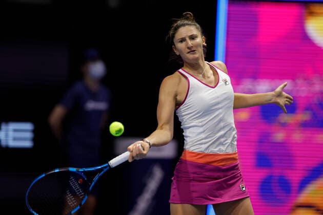 February 12, 2022, Saint Petersburg, Russia: Irina-Camelia Begu of Romania plays against Maria Sakkari of Greece during the St. Petersburg Ladies Trophy 2022 tennis tournament..Final score: Saint Petersburg Russia - ZUMAs197 20220212_zaa_s197_022 Copyright: xMaksimxKonstantinovx