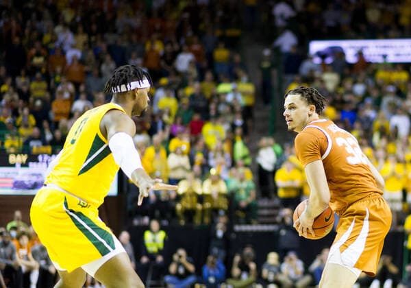 February 12 2022: Baylor Bears forward Flo Thamba (0) defends Texas Longhorns forward Christian Bishop (32) during the 1st half of the NCAA, College League, USA Basketball game between the Texas Longhorns and Baylor Bears at Ferrell Center in Waco, Texas. CSM Waco US - ZUMAc04_ 20220212_zaf_c04_105 Copyright: xMatthewxLynchx