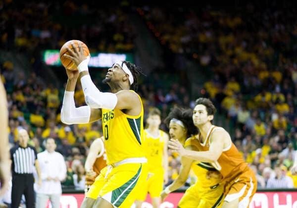 February 12 2022: Baylor Bears forward Flo Thamba (0) shoots the ball during the 2nd half of the NCAA, College League, USA Basketball game between the Texas Longhorns and Baylor Bears at Ferrell Center in Waco, Texas. CSM Waco US - ZUMAc04_ 20220212_zaf_c04_113 Copyright: xMatthewxLynchx