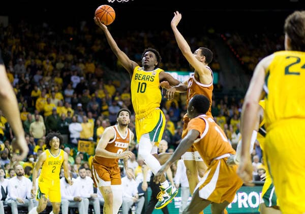 February 12 2022: Baylor Bears guard Adam Flagler (10) shoots the ball Texas Longhorns guard Andrew Jones (1) during the 2nd half of the NCAA, College League, USA Basketball game between the Texas Longhorns and Baylor Bears at Ferrell Center in Waco, Texas. CSM Waco US - ZUMAc04_ 20220212_zaf_c04_119 Copyright: xMatthewxLynchx