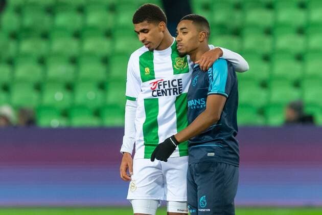 GRONINGEN, Stadium Euroborg, 12-02-2022 , season 2021 2022 , Dutch Eredivisie. FC Groningen player Laros Duarte Fortuna Sittard player Deroy Duarte Final score 0-1 during the match Groningen - Fortuna Groningen - Fortuna  x15355645x Copyright: