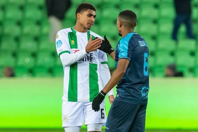 GRONINGEN, Stadium Euroborg, 12-02-2022 , season 2021 2022 , Dutch Eredivisie. FC Groningen player Laros Duarte Fortuna Sittard player Deroy Duarte Final score 0-1 during the match Groningen - Fortuna Groningen - Fortuna  x15355658x Copyright: