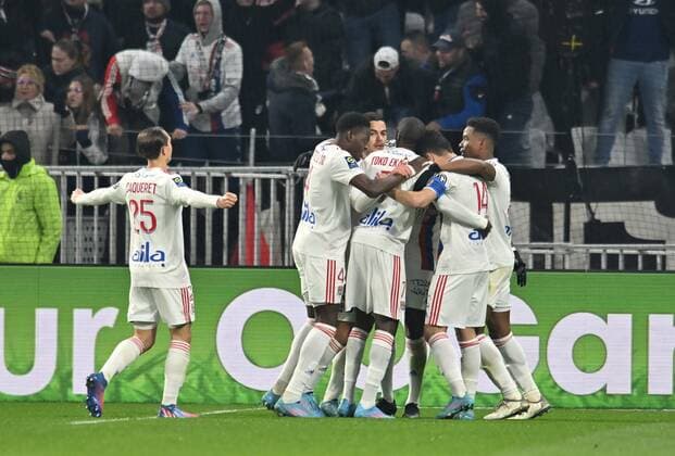 Joie de Karl Toko Ekambi et de ses coequipiers (lyon) vs (nice) FOOTBALL: Olympique Lyonnais vs OGC Nice - Ligue 1 - 12 02 2022 FredericChambert Panoramic 