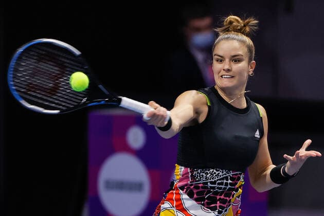 St. Petersburg Ladies Trophy 2022 - Semi-Finals Maria Sakkari of Greece returns the ball to Irina-Camelia Begu of Romania during the women s singles semifinal match of the WTA, Tennis Damen 500 St. Petersburg Ladies Trophy 2022 International Tennis Tournament on February 12, 2022 at the Sibur Arena in Saint Petersburg, Russia. Saint Petersburg Russia  Copyright: xMikexKireevx originalFilename:kireev-stpeters220212_np3F5.jpg