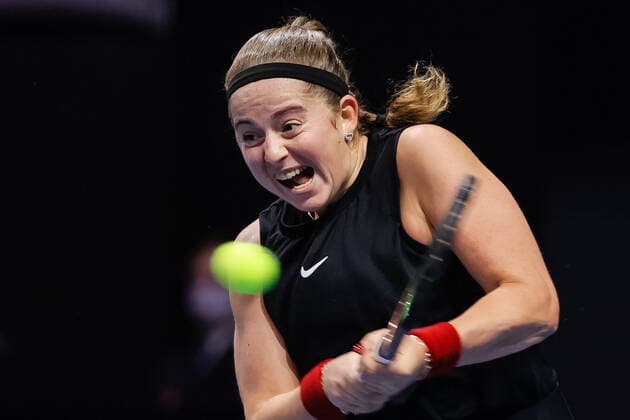St. Petersburg Ladies Trophy 2022 - Semi-Finals Jelena Ostapenko of Latvia returns the ball to Anett Kontaveit of Estonia during the women s singles semifinal match of the WTA, Tennis Damen 500 St. Petersburg Ladies Trophy 2022 International Tennis Tournament on February 12, 2022 at the Sibur Arena in Saint Petersburg, Russia. Saint Petersburg Russia  Copyright: xMikexKireevx originalFilename:kireev-stpeters220212_npfnZ.jpg