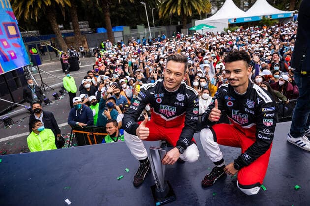 LOTTERER Andre (ger), TAG Heuer Porsche Formula E Team, Porsche 99X Electric, portrait WEHRLEIN Pascal (ger), TAG Heuer Porsche Formula E Team, Porsche 99X Electric, portrait at the podium during the 2022 Mexico City ePrix, 2nd meeting of the 2021-22 ABB FIA Formula E World Championship, WM, Weltmeisterschaft on the Autodromo Hermanos Rodriguez from February 10 to 11, in Mexico City, Mexico - AUTO - 2022 FORMULA E Mexico City ePRIX DPPI Panoramic 03422003_GH_58770