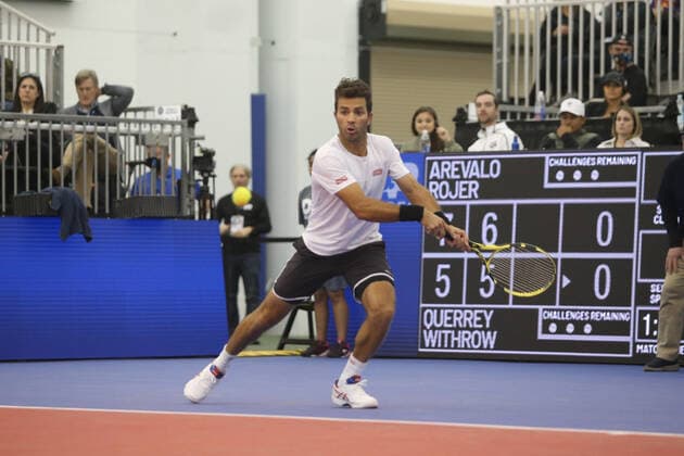 DALLAS, TX - FEBRUARY 12: Jean-Julian Rojer (NED) hits a backhand during the doubles semifinal match at the during the Dallas Open on February 12, 2022 at the Styslinger Altec Tennis Complex in Dallas, TX. (Photo by George Walker Icon Sportswire) TENNIS: FEB 12 Dallas Open Icon22021206