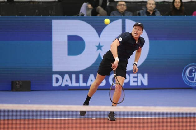 DALLAS, TX - FEBRUARY 12: Jenson Brooksby (USA) serves during the Dallas Open on February 12, 2022 at the Styslinger Altec Tennis Complex in Dallas, TX. (Photo by George Walker Icon Sportswire) TENNIS: FEB 12 Dallas Open Icon22021226