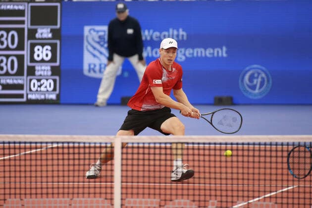 DALLAS, TX - FEBRUARY 12: Lloyd Glasspool (GBR) hits a backhand during the Dallas Open on February 12, 2022 at the Styslinger Altec Tennis Complex in Dallas, TX. (Photo by George Walker Icon Sportswire) TENNIS: FEB 12 Dallas Open Icon22021235