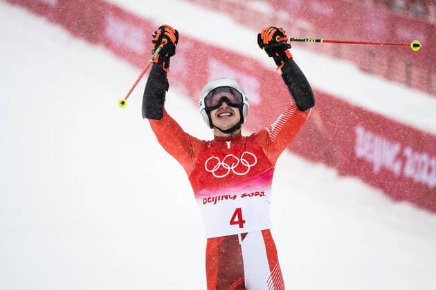 220213 Marco Odermatt of Switzerland celebrates after competing in men s alpine skiing giant slalom during day 9 of the 2022 Winter Olympics on February 13, 2022 in Yanqing Photo Maxim Thore IMAGE BODY code MT MT0319 alpine alpine olympic games olympics winter olympics os ol olympiska spel vinter os olympic games peking beijing 2022 beijing 2022 beijing 2022 olympic games beijing 2022 winter olympic games beijing os beijing ol winter ol bbeng day 9 giant slalom cheer,  Copyright: MAXIMxTHORE BB220213MT049