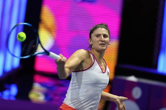 Saint Petersburg, Russia - 12 february 2022: Maria Sakkari of Greece play against Irina-Camelia Begu of Romania during the St.Petersburg Ladies Trophy 2022 tennis tournament. Irina-Camellia Run AlexanderxKulebyakin