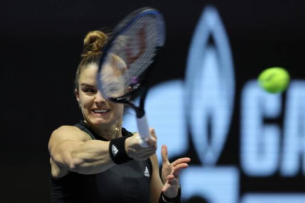 Saint Petersburg, Russia - 12 february 2022: Maria Sakkari of Greece play against Irina-Camelia Begu of Romania during the St.Petersburg Ladies Trophy 2022 tennis tournament. Maria Sakkari AlexanderxKulebyakin