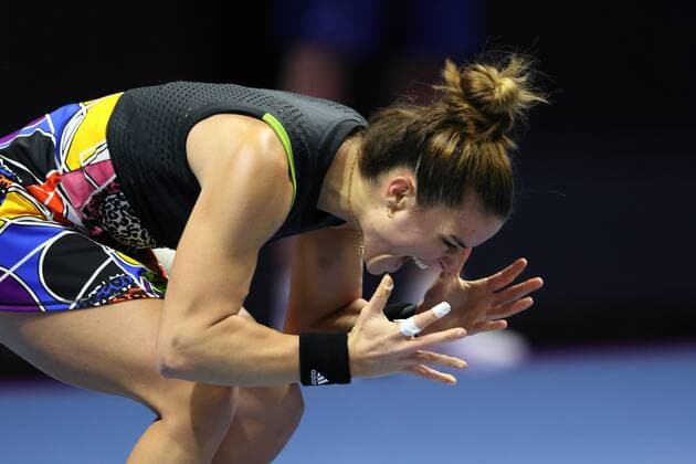 Saint Petersburg, Russia - 12 february 2022: Maria Sakkari of Greece play against Irina-Camelia Begu of Romania during the St.Petersburg Ladies Trophy 2022 tennis tournament. Maria Sakkari AlexanderxKulebyakin