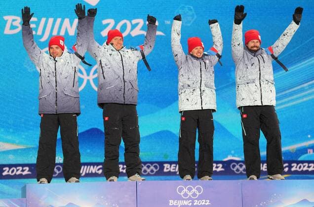 China Olympics 2022 Medal Ceremony 8113452 13.02.2022 From left, gold medalists Russian Olympic Committee s Alexey Chervotkin, Alexander Bolshunov, Denis Spitsov and Sergey Ustiugov celebrate their victory during an award ceremony for the men s cross-country 4x10 km relay event during the Beijing 2022 Winter Olympic Games, Olympische Spiele, Olympia, OS at the Medals Plaza in Zhangjiakou, China. Pavel Bednyakov Sputnik Zhangjiakou China  Copyright: xPavelxBednyakovx