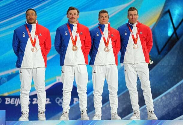 China Olympics 2022 Medal Ceremony 8113463 13.02.2022 Bronze medalists France?s Richard Jouve, Hugo Lapalus, Clement Parisse and Maurice Manificat pose during an award ceremony for the men s cross-country 4x10 km relay event during the Beijing 2022 Winter Olympic Games, Olympische Spiele, Olympia, OS at the Medals Plaza in Zhangjiakou, China. Pavel Bednyakov Sputnik Zhangjiakou China  Copyright: xPavelxBednyakovx