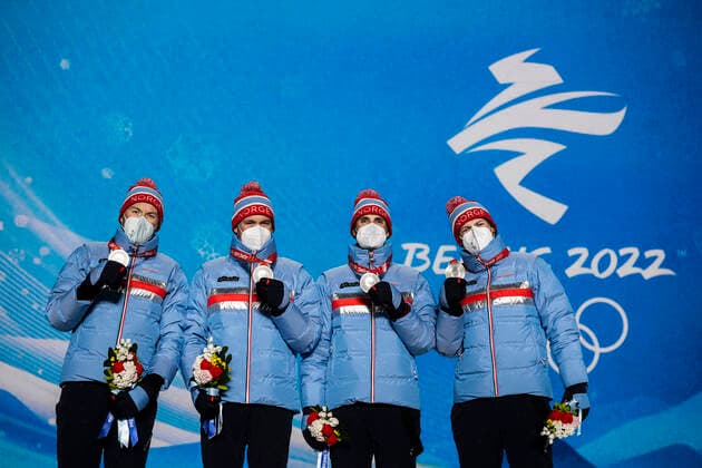 220213 Emil Iversen, Pal Golberg, Hans Christer Holund and Johannes Hosflot Klaebo of Norway with their silver medals at the medal ceremony for men s cross country skiing 4 x 10 km relay during day 9 of the 2022 Winter Olympics on February 13, 2022 in Zhangjiakou Photo Jon Olav Nesvold BILDBYRAN COP 217 JE0041 olympic games olympics winter olympics os ol olympiska spel vinter os olympiske leker peking peking peking 2022 beijing 2022 beijing 2022 olympic games beijing 2022 winter olympic games peking os beijing ol vinter ol 9 bbeng norge,  Copyright: JONxOLAVxNESVOLD BB220213JE111