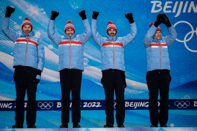 220213 Emil Iversen, Pal Golberg, Hans Christer Holund and Johannes Hosflot Klaebo of Norway celebrate at the medal ceremony for men s cross country skiing 4 x 10 km relay during day 9 of the 2022 Winter Olympics on February 13, 2022 in Zhangjiakou Photo Jon Olav Nesvold BILDBYRAN COP 217 JE0041 olympic games olympics winter olympics os ol olympiska spel vinter os olympiske leker peking peking 2022 beijing 2022 beijing 2022 olympic games beijing 2022 winter olympic games peking os beijing ol vinter ol 9 bbeng norge jubel,  Copyright: JONxOLAVxNESVOLD BB220213JE113