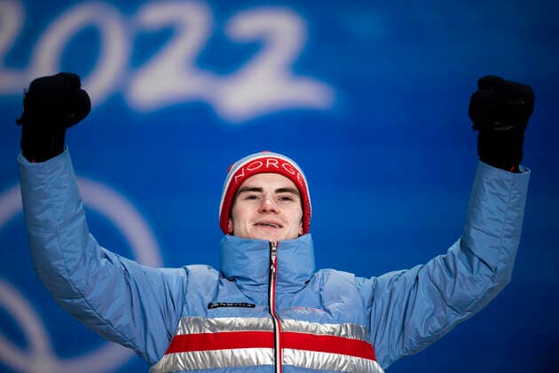 220213 Marius Lindvik of Norway celebrates at the medal ceremony for men s ski jumping large hill individual during day 9 of the 2022 Winter Olympics on February 13, 2022 in Zhangjiakou Photo Jon Olav Nesvold BILDBYRAN COP 217 JE0041 olympic games olympics winter olympics os ol olympiska spel Winter Olympics Beijing Beijing 2022 Beijing 2022 Beijing 2022 Olympic Games Beijing 2022 Winter Olympic Games Beijing Os Beijing ol Winter ol 9 bbeng norway cheer gold,  Copyright: JONxOLAVxNESVOLD BB220213JE134