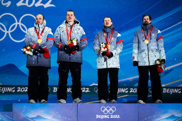 220213 Alexey Chervotkin, Alexander Bolshunov, Denis Spitsov and Sergey Ustiugov of ROC Russia with their gold medals at the medal ceremony for men s cross country skiing 4 x 10 km relay during day 9 of the 2022 Winter Olympics on February 13, 2022 in Zhangjiakou Photo Jon Olav Nesvold BILDBYRAN COP 217 JE0041 olympic games olympics winter olympics os ol olympiska spel vinter os olympiske leker peking peking peking 2022 beijing 2022 beijing 2022 olympic games beijing 2022 winter olympic games peking os beijing ol vinter ol 9 bbeng jubel,  Copyright: JONxOLAVxNESVOLD BB220213JE147