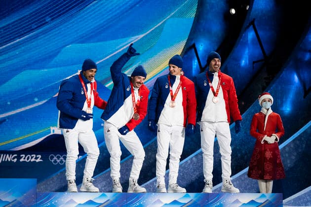 220213 Richard Jouve, Hugo Lapalus, Clement Parisse and Maurice Manificat of France celebrate at the medal ceremony for men s cross country skiing 4 x 10 km relay during day 9 of the 2022 Winter Olympics on February 13, 2022 in Zhangjiakou Photo Jon Olav Nesvold BILDBYRAN COP 217 JE0041 olympic games olympics winter olympics os ol olympic games winter os olympics leek Beijing 2022 beijing 2022 beijing 2022 olympic games beijing 2022 winter olympic games beijing os beijing ol winter ol 9 bbeng france cheers,  Copyright: JONxOLAVxNESVOLD BB220213JE149
