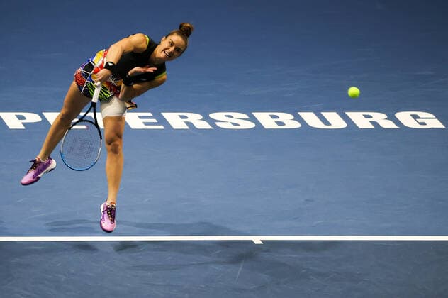 ST PETERSBURG, RUSSIA - FEBRUARY 13, 2022: Greece s Maria Sakkari in her final tennis singles match against Estonia s Anett Kontaveit as part of the 2022 WTA, Tennis Damen St Petersburg Ladies Trophy at Sibur Arena. Alexander Demianchuk TASS  TS122EFA