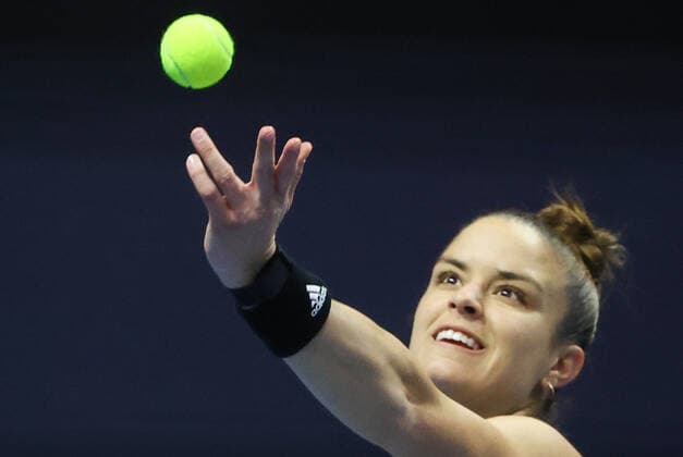 ST PETERSBURG, RUSSIA - FEBRUARY 13, 2022: Greece s Maria Sakkari in her final tennis singles match against Estonia s Anett Kontaveit as part of the 2022 WTA, Tennis Damen St Petersburg Ladies Trophy at Sibur Arena. Alexander Demianchuk TASS  TS122F12
