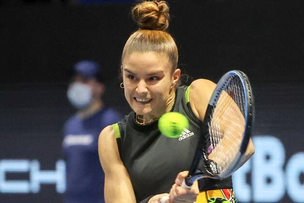 ST PETERSBURG, RUSSIA - FEBRUARY 13, 2022: Greece s Maria Sakkari in her final tennis singles match against Estonia s Anett Kontaveit as part of the 2022 WTA, Tennis Damen St Petersburg Ladies Trophy at Sibur Arena. Alexander Demianchuk TASS  TS122F13