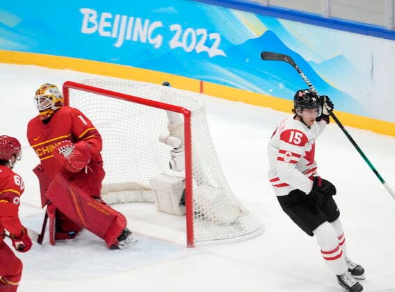 February 13, 2022, Beijing, ON, China: Canada forward Adam Tambellini (15) celebrates his goal on China goaltender Yongli Ouban (1) during first period men s Ice hockey, Eishockey action at the Beijing Olympic Winter games, Winterspiele,Spiele, Summer games in Beijing, Sunday, Feb. 13, 2022. Canada v. China Men s Olympic Ice Hockey - ZUMAc35_ 20220213_zaf_c35_028 Copyright: xRyanxRemiorzx