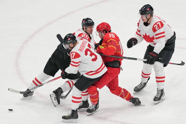 (220213) -- BEIJING, Feb. 13, 2022 -- Fu Jiang (2nd R) of China competes during the Ice hockey, Eishockey men s preliminary round Group A match between China and Canada at National Indoor Stadium in Beijing, capital of China, Feb. 13, 2022. ) (BEIJING2022)CHINA-BEIJING-OLYMPIC Winter games, Winterspiele,Spiele, Summer games ICE HOCKEY-MEN S PRELIMINARY-CHN VS CAN(CN) DuxYu 