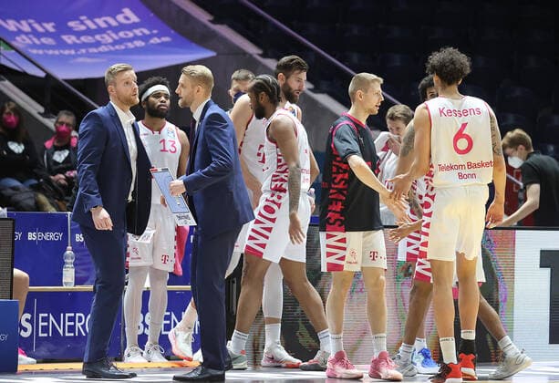 Assistant Coach Joonas Lisalo Telekom Baskets Bonn , Headcoach Tuomas Lisalo Telekom Baskets Bonn during time-out