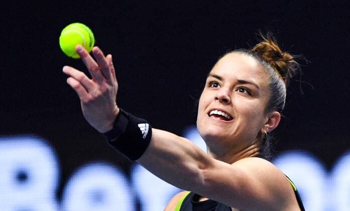 Russia Tennis St.Petersburg Ladies Trophy 2022 8113883 13.02.2022 Greece s Maria Sakkari serves during the final single tennis match against Estonia s Anett Kontaveit at the St. Petersburg Ladies Trophy 2022 tennis tournament in St.Petersburg, Russia. Alexei Danichev Sputnik St. Petersburg Russia  Copyright: xAlexeixDanichevx