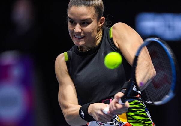 Russia Tennis St.Petersburg Ladies Trophy 2022 8113884 13.02.2022 Greece s Maria Sakkari returns a shot during the final single tennis match against Estonia s Anett Kontaveit at the St. Petersburg Ladies Trophy 2022 tennis tournament in St.Petersburg, Russia. Alexei Danichev Sputnik St. Petersburg Russia  Copyright: xAlexeixDanichevx