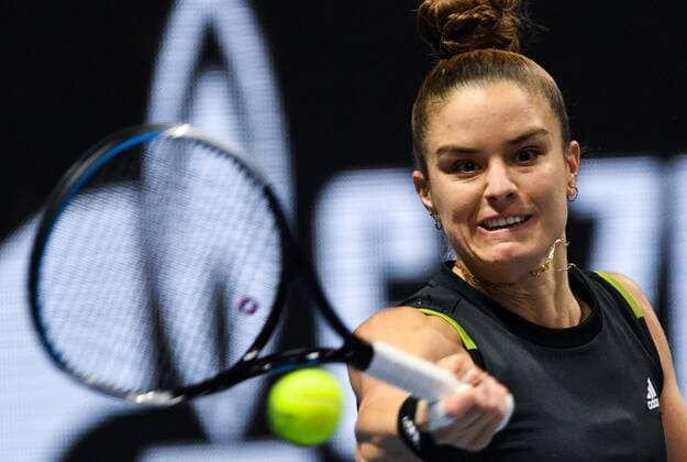 Russia Tennis St.Petersburg Ladies Trophy 2022 8113886 13.02.2022 Greece s Maria Sakkari returns a shot during the final single tennis match against Estonia s Anett Kontaveit at the St. Petersburg Ladies Trophy 2022 tennis tournament in St.Petersburg, Russia. Alexei Danichev Sputnik St. Petersburg Russia  Copyright: xAlexeixDanichevx